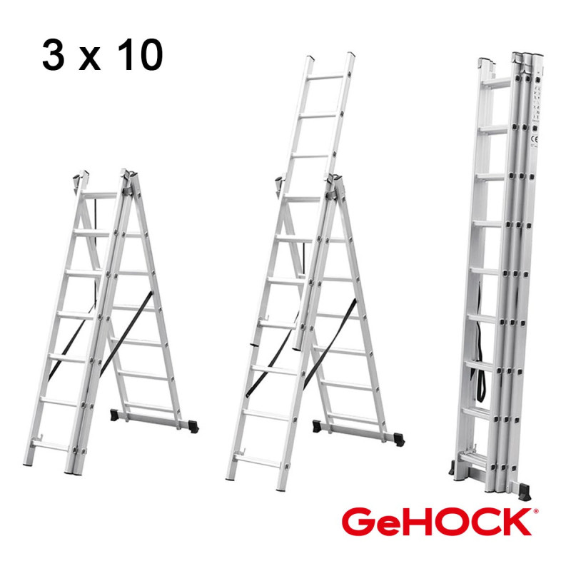 GeHOCK Τριπλή Σκάλα Επεκτεινόμενη Αλουμινίου 3 x 10 Σκαλοπάτια GeHOCK (010295310)