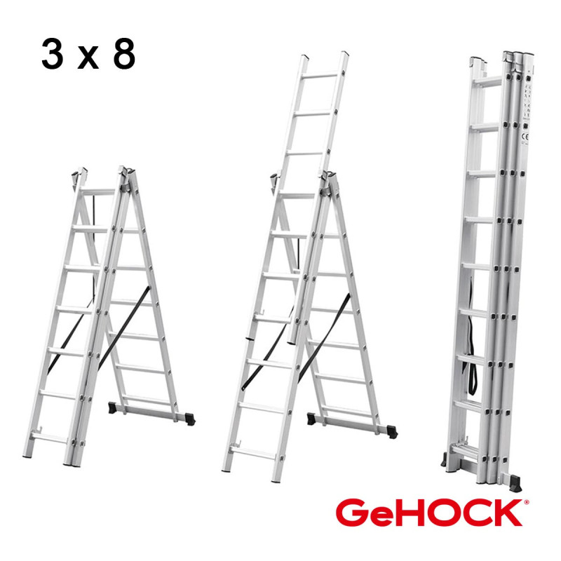 GeHOCK Τριπλή Σκάλα Επεκτεινόμενη Αλουμινίου 3 x 8 Σκαλοπάτια GeHOCK (010295308)