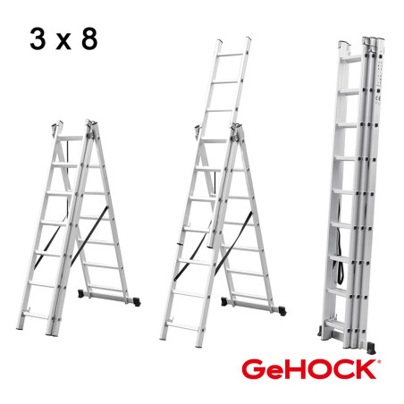 GeHOCK Τριπλή Σκάλα Επεκτεινόμενη Αλουμινίου 3 x 8 Σκαλοπάτια GeHOCK (010295308)