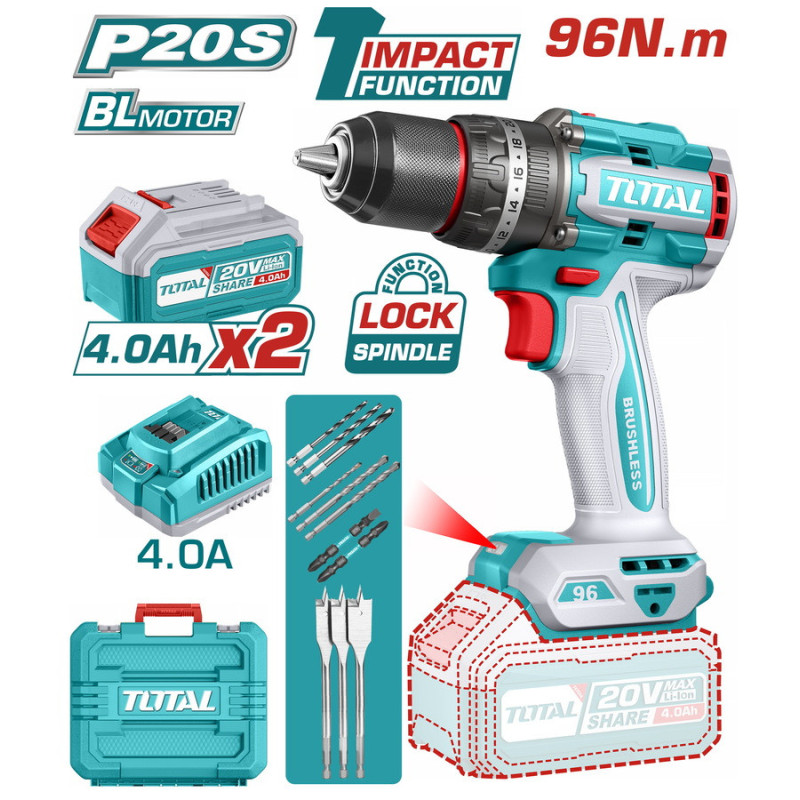 TOTAL ΕΠΑΓΓ. ΔΡΑΠ/ΒΙΔΟ ΚΡΟΥΣΤΙΚΟ ΜΠΑΤ. Li-ion 20V / 4Ah / 96Nm / 2 ΜΠΑΤ BL Motor (TIDLI20968E)