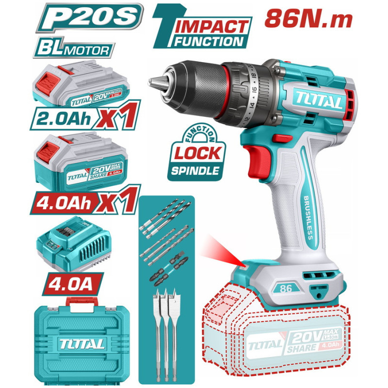 TOTAL ΕΠΑΓΓ. ΔΡΑΠ/ΒΙΔΟ ΚΡΟΥΣΤΙΚΟ ΜΠΑΤ. Li-ion 20V / 2Ah+4Ah / 86Nm / 2 ΜΠΑΤ BL Motor (TIDLI20868E)