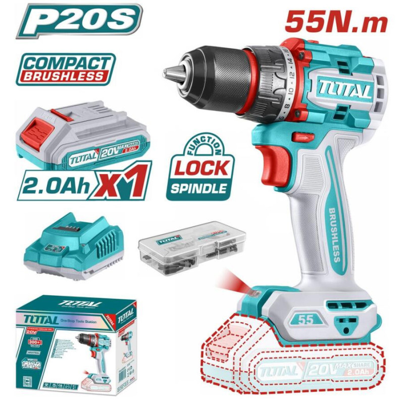 TOTAL ΕΠΑΓΓ. ΔΡΑΠ/ΒΙΔΟ ΜΠΑΤ. Li-ion 20V / 2Ah / 55Nm / 2 ΜΠΑΤ BL Motor (TDLI205582E)