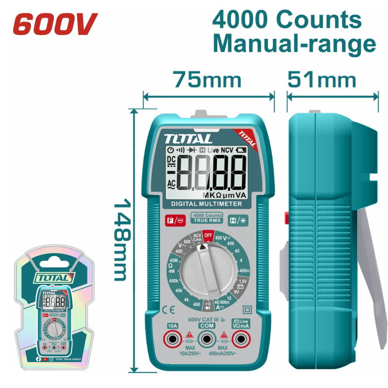 TOTAL ΕΠΑΓΓ. ΠΟΛΥΜΕΤΡΟ ΨΗΦΙΑΚΟ 600V True RMS με Μέτρηση AC/DC (TMT536002)