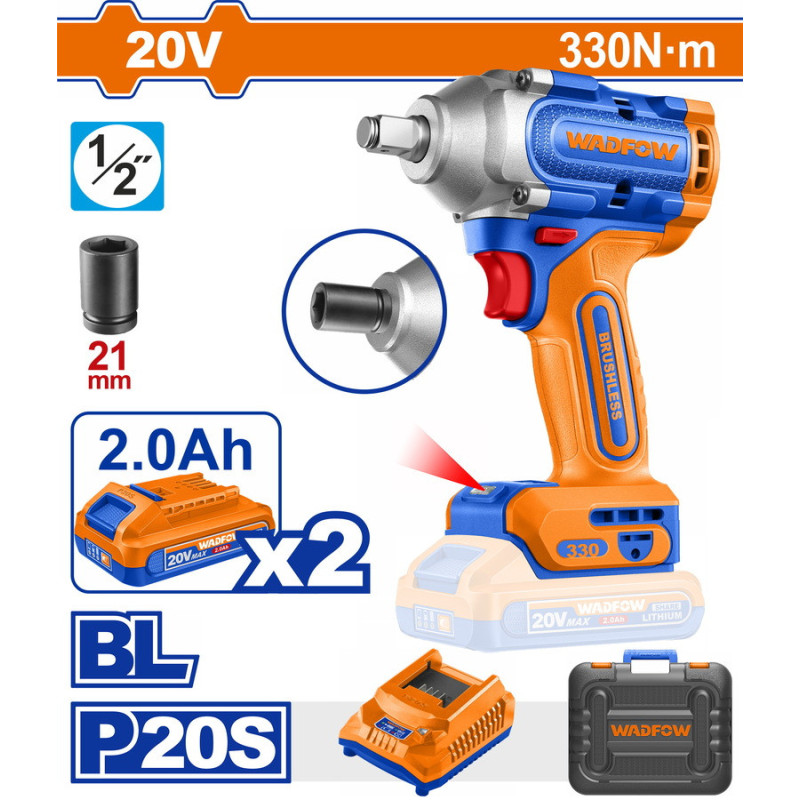 WADFOW ΜΠΟΥΛΟΝΟΚΛΕΙΔΟ ΜΠΑΤ. Li-ion 20V / 330Nm / 2Ah / 2 ΜΠΑΤ BL Motor (WCD1B33E)