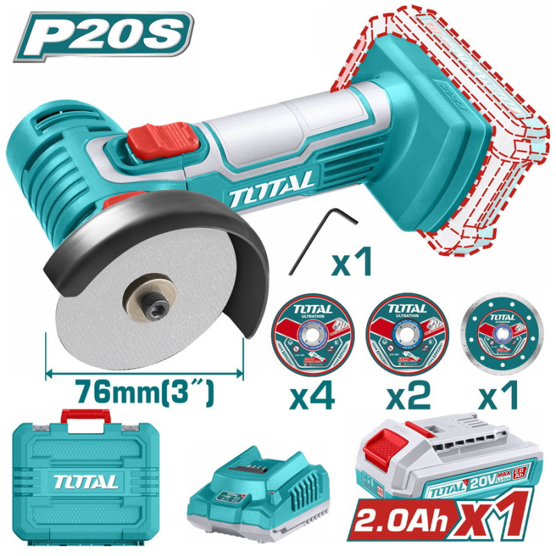TOTAL ΕΠΑΓΓ. MINI ΓΩΝΙΑΚΟΣ ΤΡΟΧΟΣ ΜΠΑΤ. Li-ion 20V / 2Ah / 1 ΜΠΑΤΑΡΙΑ (TAGLI76012)