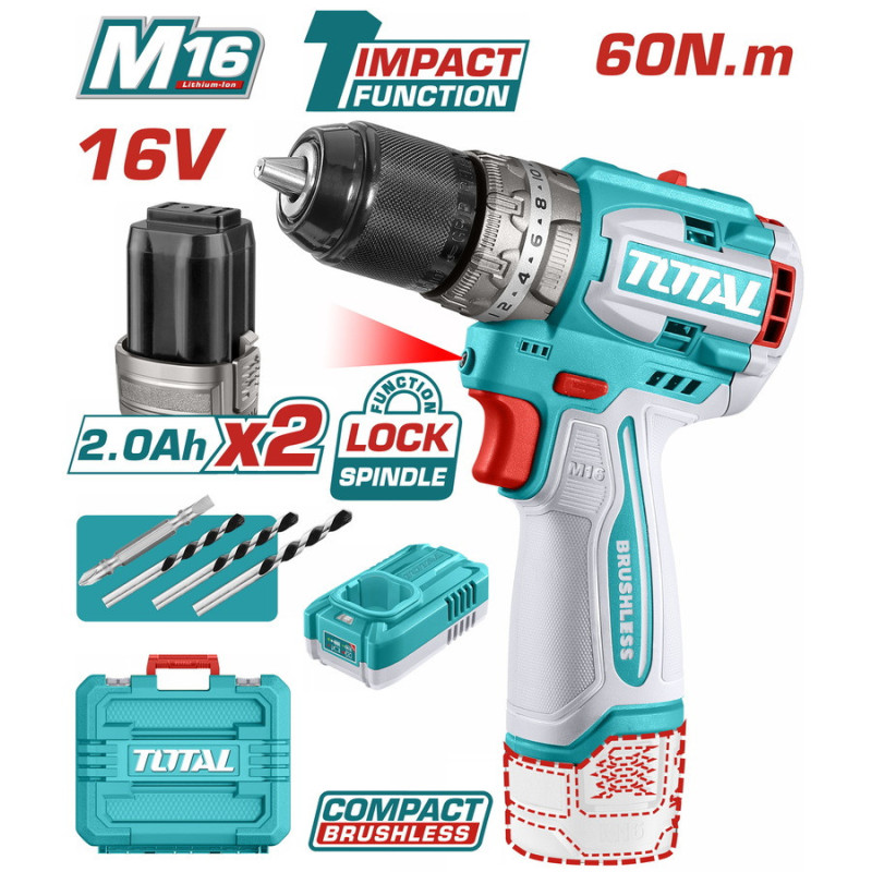 TOTAL ΕΠΑΓΓ. ΔΡΑΠ/ΒΙΔΟ ΚΡΟΥΣΤΙΚΟ ΜΠΑΤ. Li-ion 16V / 2Ah / 60Nm / 2 ΜΠΑΤ (TIDLI16682)