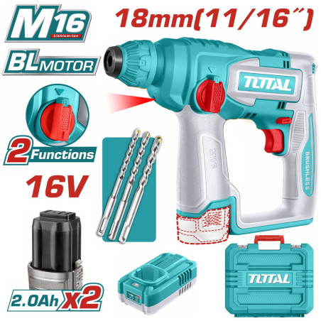TOTAL ΕΠΑΓΓ. ΠΝΕΥΜΑΤΙΚΟ ΠΙΣΤΟΛΕΤΟ SDS-PLUS ΜΠΑΤ. Li-ion 16V / 2Ah / 2 ΜΠΑΤ (TRHLI16168)