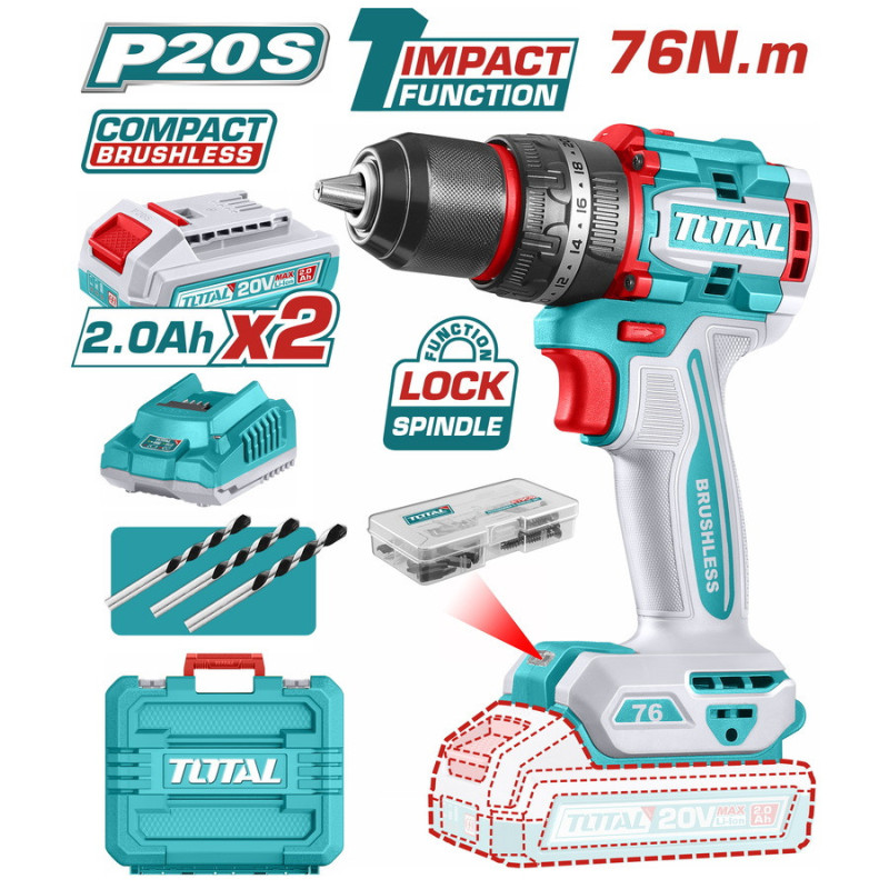 TOTAL ΕΠΑΓΓ. ΔΡΑΠ/ΒΙΔΟ ΚΡΟΥΣΤΙΚΟ ΜΠΑΤ. Li-ion 20V / 2Ah / 76Nm / 2 ΜΠΑΤ BL Motor (TIDLI20768E)