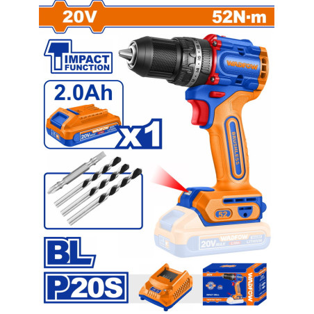 WADFOW ΔΡΑΠ/ΒΙΔΟ ΚΡΟΥΣΤΙΚΟ ΜΠΑΤ. Li-ion 20V / 52Nm / 2Ah / 1 ΜΠΑΤ BL Motor (WCDP5282E)